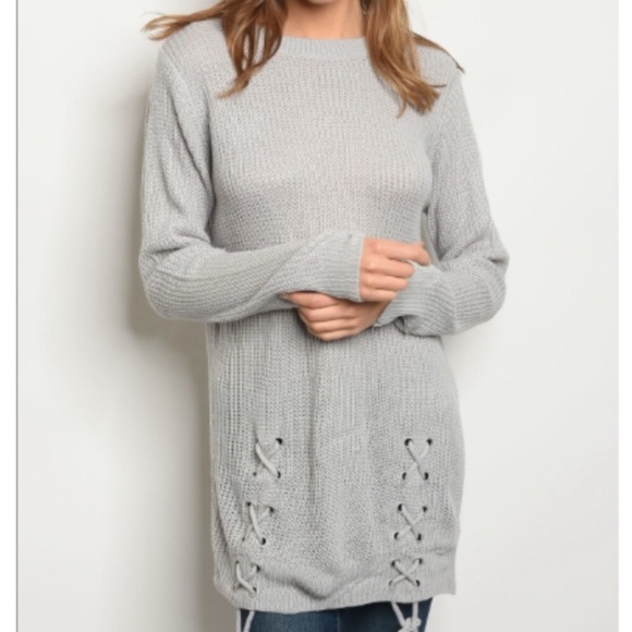Sweaters - Light Grey Knit Lace up Front Sweater